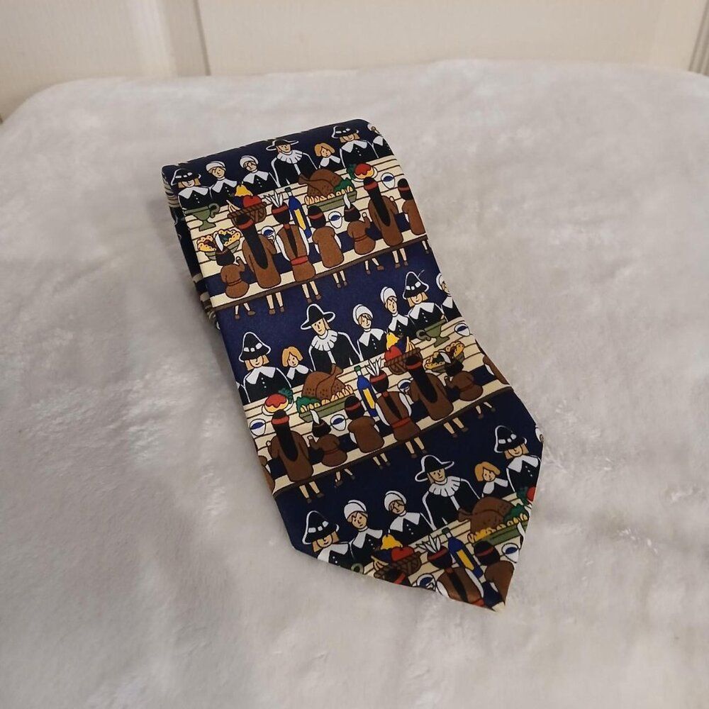 The First Thanksgiving Men's Necktie Turkey Dinner Pilgims Indians Blue Neck Tie